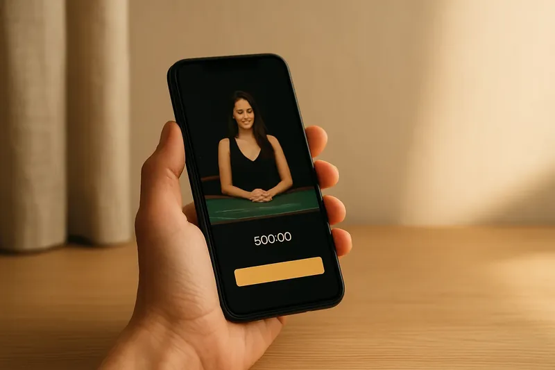 Hand holding smartphone showing dark casino app with live dealer