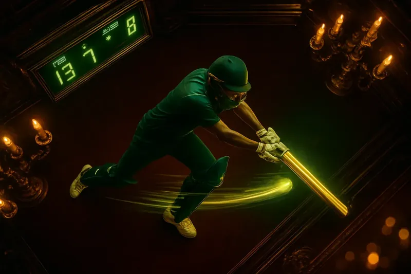Cricket athlete in motion with neon trail and stadium floodlights