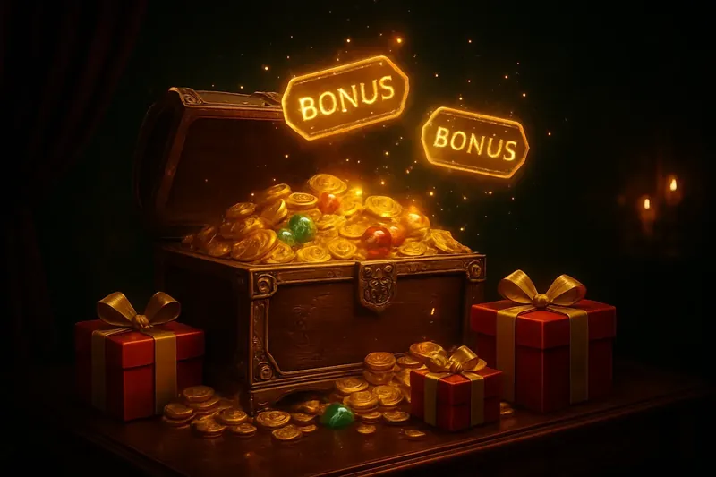 Golden treasure chest bursting with coins, gems, and bonus gifts