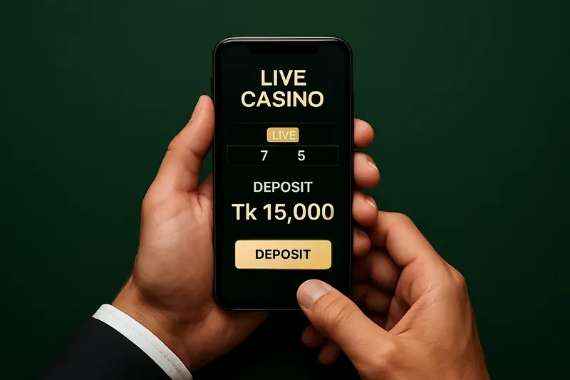 Man typing on smartphone casino app with taka deposit confirmation