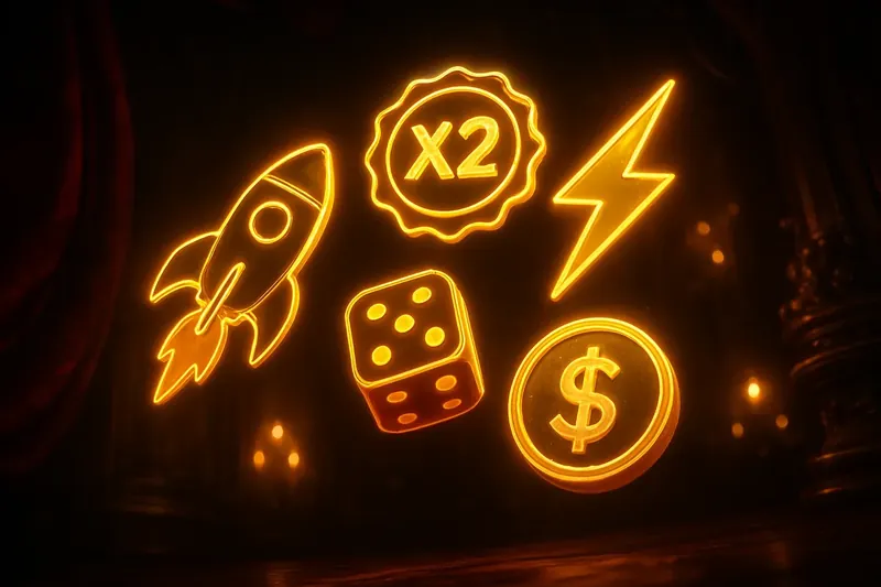 Glowing instant game icons with rocket, dice, coin, and lightning