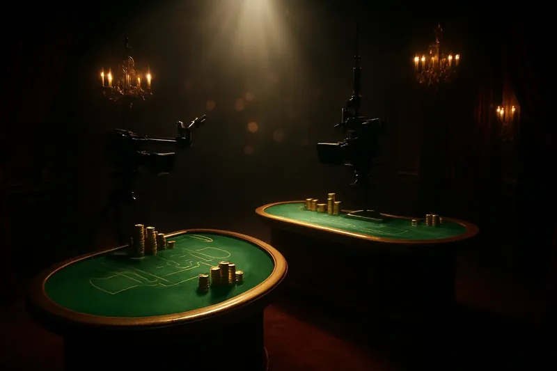 Overhead live casino studio with dealer tables, cameras, green felt