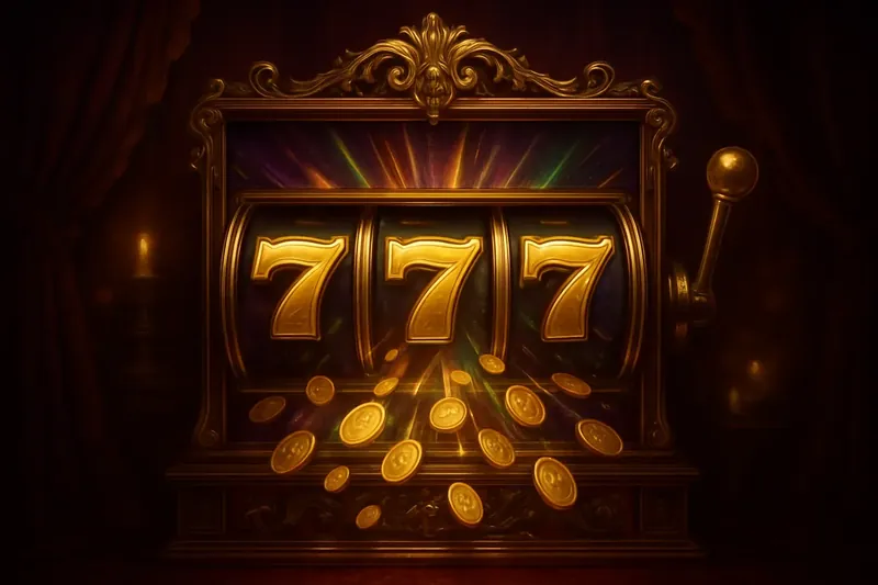 Slot machine jackpot with golden 777, coins, and neon light beams